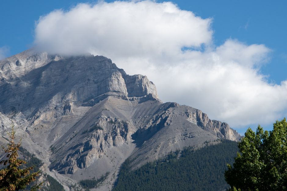 Cascade Mountain under a blue sky in Banff, Alberta, Canada